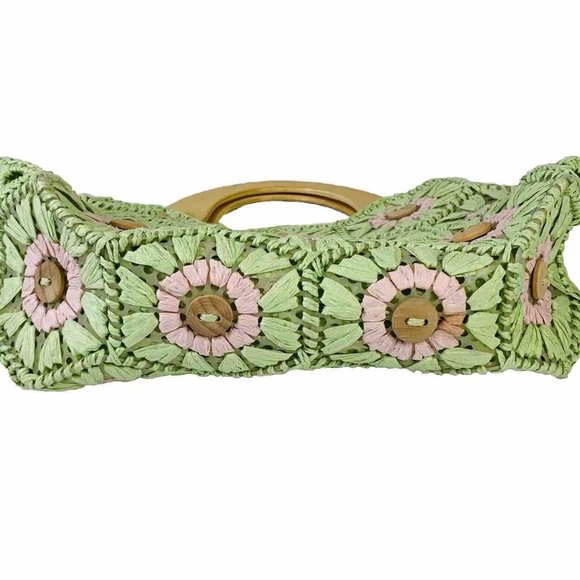 Summer Beach Cottage Straw Button Handbag Flower Lime Pink Wood Handles Purse - Picture 3 of 13